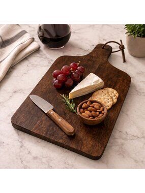 Rustic Wooden Serving And Cutting Board With Handle & Leather Loop 13.5"x8" Made